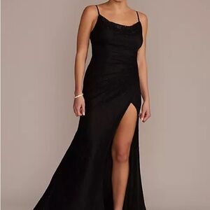 NWT David’s Bridal black lace cowl neck evening gown